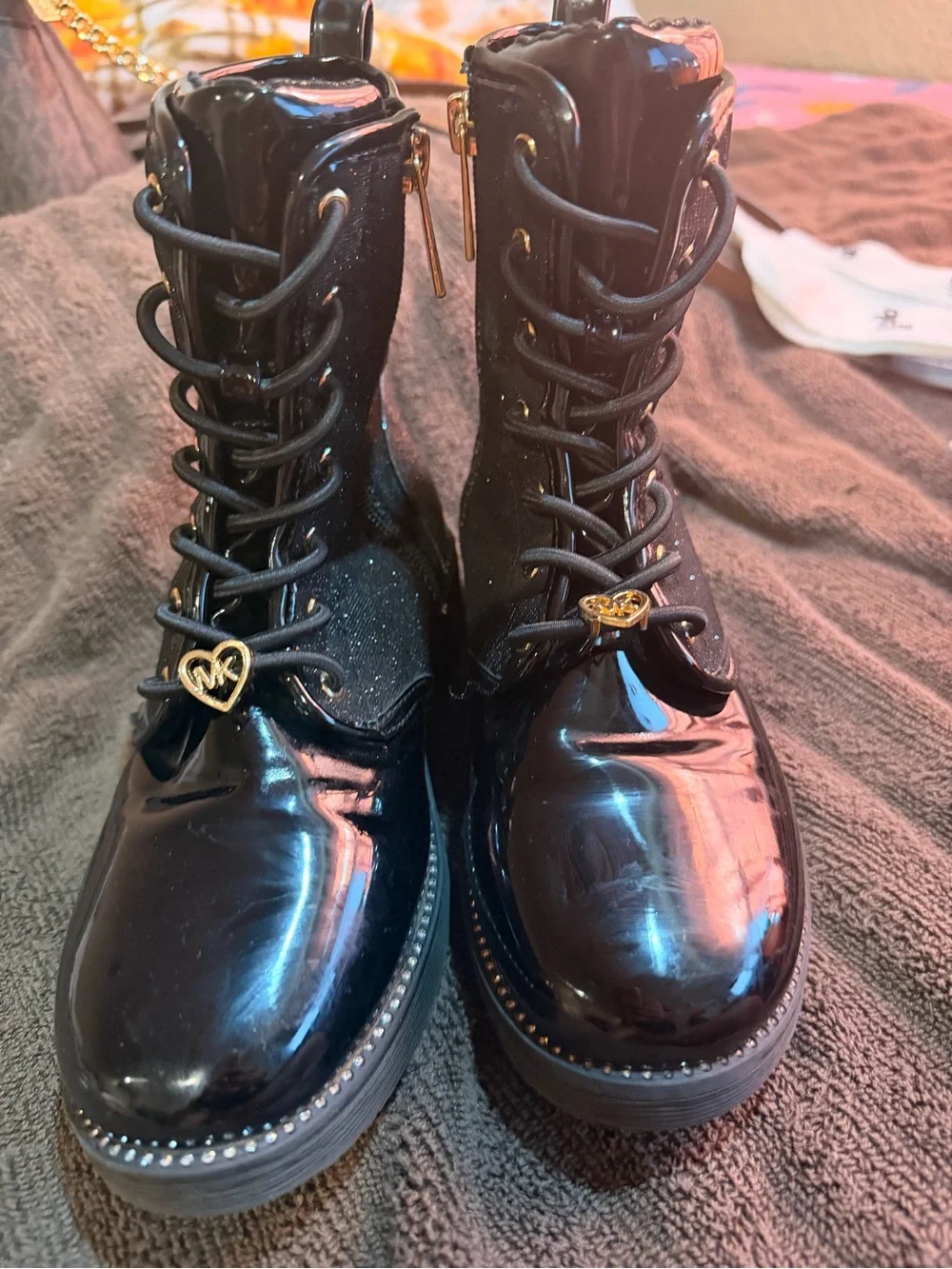 Michael Kors Girls' Black Glitter Patent Toe Lace-Up Boots